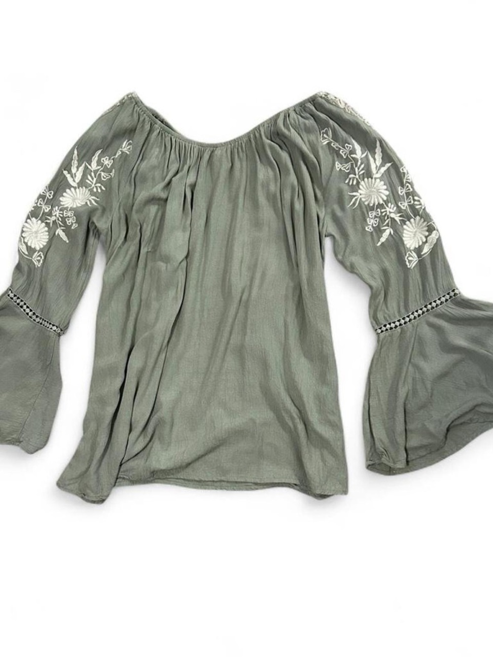 Sweet Magnolia Green Embroidered Oversize Flowy Bell Sleeve Top Womens S Cottage